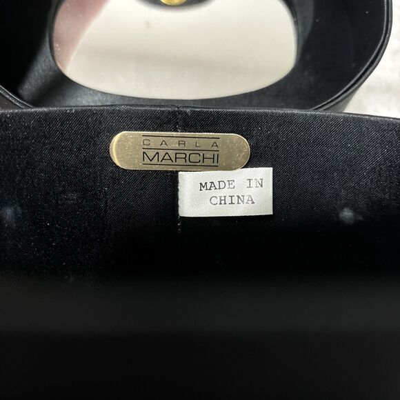 Carla Marchi Black Satin Evening Bag Top Handle Hard Case Purse Bow Rhinestones - Picture 9 of 10